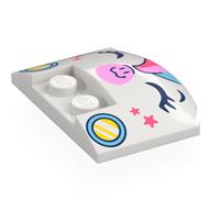 Brick Round 3 x 4 x 2/3 Triple Curved with 2 Sunk Studs with Unicorn Face, Rainbow Mane, Bright Pink Nose, Dark Blue Eyes, Coral Star, Yellow/Bright Light Blue Headlights Print (White)
