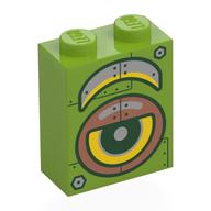 Brick 1 x 2 x 2 with Yellow Robot Eye, Silver/Copper Armor Plating Print (Lime)