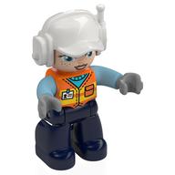 Duplo Figure with Headset and Cap White, Dark Blue Legs, Safety Vest, Light Nougat Face Print (Orange)