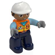 Duplo Figure with Construction Helmet White and Black Hair, Dark Blue Legs, Safety Vest Print (Orange)
