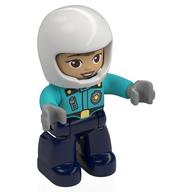 Duplo Figure with Helmet White, Dark Blue Legs, Police Shirt with Badge and Zipper, Warm Tan Face Print (Medium Azure)