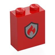 Brick 1 x 2 x 2 with Black/Silver Firefighter Badge Print (Red)