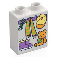 Duplo Brick 1 x 2 x 2 with Hooks with Scarf and Hat, Shoes, and Teddy Bear Print (White)