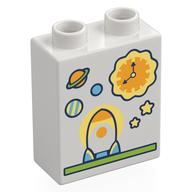 Duplo Brick 1 x 2 x 2 with Rocket Ship, Sun, Planets Print (White)