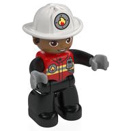 Duplo Figure with Helmet, Black Legs, Jacket with Bright Light Yellow Safety Stripes, Fire Badge, and Radio Print (Firefighter) (Red)