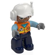 Duplo Figure with Headset and Cap White, Dark Blue Legs, Safety Vest Print (Orange)