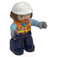 Duplo Figure with Construction Helmet White and Reddish Brown Hair, Dark Blue Legs, Safety Vest Print (Orange)