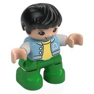 Duplo Figure Child, Hair Combed Forward with Curl Black, Bright Green Legs, Bright Light Yellow Under Shirt, Jacket, Hearing Aids Print (Bright Green)