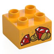 Duplo Brick 2 x 2 with Coins and Red Gems (Jewels) Print (Bright Light Orange)
