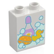 Duplo Brick 1 x 2 x 2 with Bubbles, Sponge, Rubber Duck, and Bottle of Shampoo Print (White)