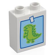 Duplo Brick 1 x 2 x 2 with Childs Drawing of a Dinosaur Print (White)