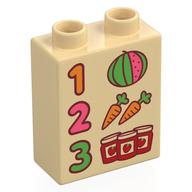 Duplo Brick 1 x 2 x 2 with '1', '2', '3', Jam Jars, Carrots, and Watermelon Print (Tan)