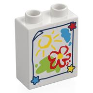 Duplo Brick 1 x 2 x 2 with Childs Drawing of a Flower and Sun Print (White)
