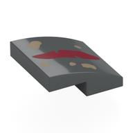Brick Curved 2 x 2 x 2/3 with Dark Red Stripe, Dark Tan Markings Print (Dark Bluish Gray)