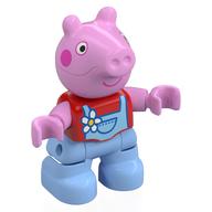 Duplo Figure Child, Pig with Dark Pink Cheeks, Flower, Bright Light Blue Overall Print (Peppa Pig) (Red)