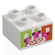 Duplo Brick 2 x 2 with Dark Pink Dogs, Pizza, Lime/Reddish Orange Background Print (White)