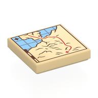Tile 2 x 2 with Map, Medium Blue Water, Dark Red Line, X Print (Tan)