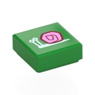 Tile 1 x 1 with Light Aqua Snail, Dark Pink/Dark Red House (Gary) Print (Bright Green)