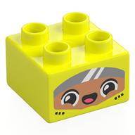 Duplo Brick 2 x 2 with Race Driver, Nougat Face, Dark Bluish Grey Visor Print (Vibrant Yellow)