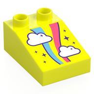 Duplo Brick 3 x 2 Slope 33° with White Clouds, Coral/Medium Blue Rainbow, Stars Print (Vibrant Yellow)