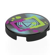 Tile Round 2 x 2 with Vinyl Record, Metallic Light Blue Grooves, Center, Lime/Magenta Rectangle, Splotches Print (Black)