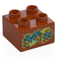 Duplo Brick 2 x 2 with Red, Blue, Lime Leaves, Acorns Print (Dark Orange)