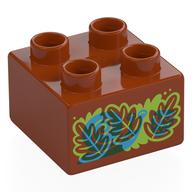 Duplo Brick 2 x 2 with Red, Blue, Lime Leaves, Snail Print (Dark Orange)