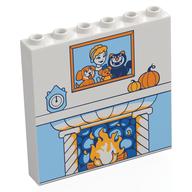 Panel 1 x 6 x 5 with Medium Blue Fireplace, Pumpkins, Clock, Framed Picture of Rapunzel, Dog, Cat, Mouse Print (White)