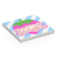 Tile 4 x 4 with Warm Pink 'SWEET', Strawberry, Bright Light Blue Stripes Print (White)
