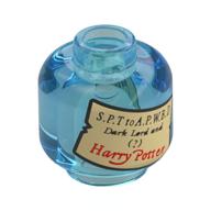 Minifig Head with Tan Label, 'S.P.T. to A.P.W.B.D. Dark Lord and (?) Harry Potter' Print (Trans-Light Blue)