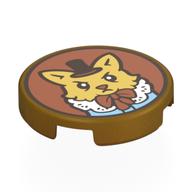 Tile Round 2 x 2 with Ochre Yellow Cat, Black Hat, White Collar, Bright Light Blue Dress on Nougat Background Print (Pearl Gold)