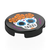 Tile Round 2 x 2 with Calavera (Skull) with Orange Flowers Print (Black)