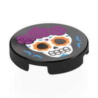 Tile Round 2 x 2 with Calavera (Skull) with Magenta Flowers Print (Black)