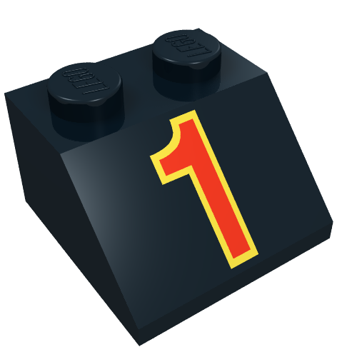 Brick Sloped 45° 2 x 2 with Red '1' in Yellow Outline Print (Black)