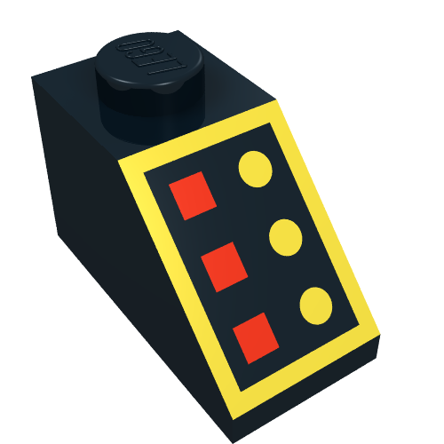Brick Sloped 45° 2 x 1 with Bottom pin, with 3 Red Lamps, 3 Yellow Buttons, Yellow Border Print (Black)