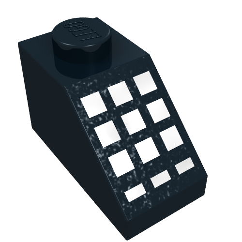 Brick Sloped 45° 2 x 1 with Bottom pin, with 9 Large + 3 Small White Buttons Print (Black)