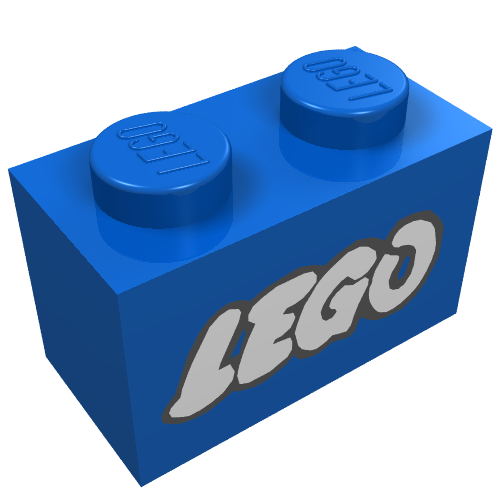 Brick 1 x 2 with LEGO Logo Open O White with Black Outline Print (Blue)