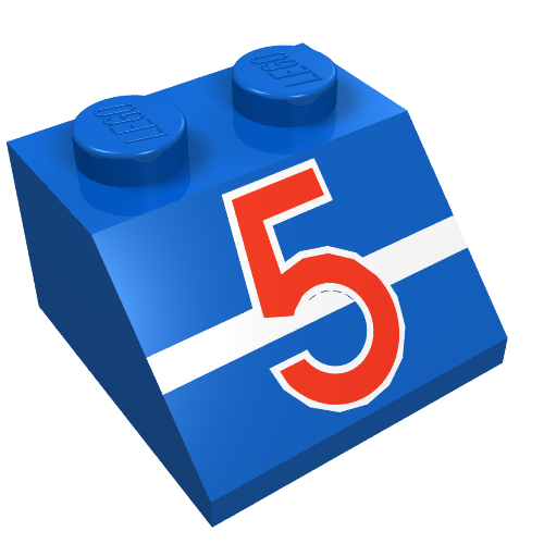 Brick Sloped 45° 2 x 2 with Red/White '5' and White Stripe Print (Blue)