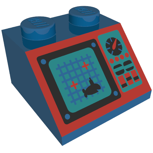 Brick Sloped 45° 2 x 2 with Grid Screen, Shark, and Controls on Red Panel Print (Aquazone) (Blue)