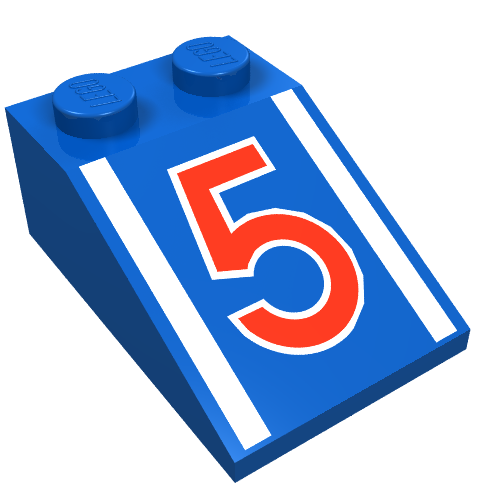 Brick Sloped 33° 3 x 2 with Red "5" and White Stripes Print (Blue)
