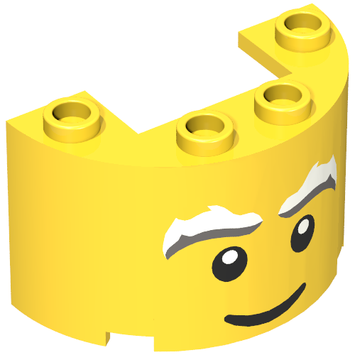 Cylinder Half 2 x 4 x 2 with 1 x 2 Cutout with Classic Smiling Face, White/Grey Eyebrows Print (Yellow)