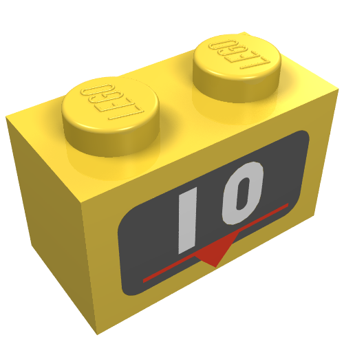 Brick 1 x 2 with White '10', Red Marker Print (Yellow)