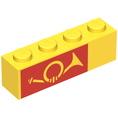 Brick 1 x 4 with Horn on Red Background Print, Left Side (Yellow)