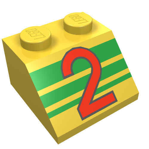 Brick Sloped 45° 2 x 2 with Red '2' and Green Stripes Print (Yellow)