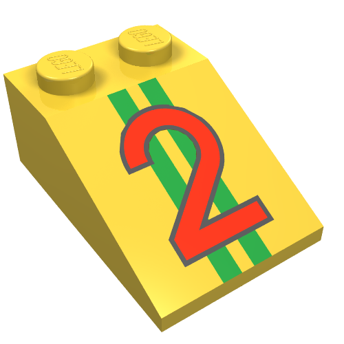Brick Sloped 33° 3 x 2 with Red '2' over Two Green Stripes Print (Yellow)