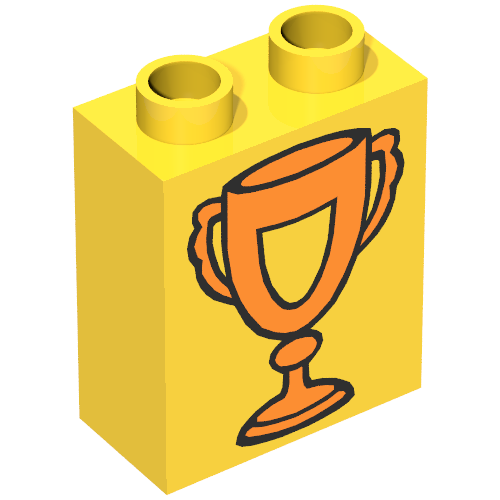 Duplo Brick 1 x 2 x 2 with Trophy Cup with Shield, Orange Print (Yellow)
