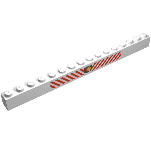 Brick 1 x 16 with Fire Logo Badge and Red Diagonal Stripes Print (White)