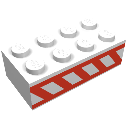Brick 2 x 4 with Angled Red Stripes Between Two Horizontal Red Stripes Print (White)