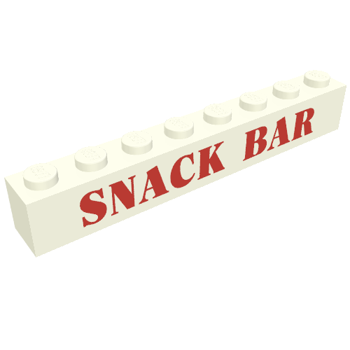 Brick 1 x 8 with 'SNACK BAR' Red Print [Embossed] (White)