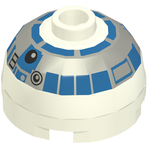 Brick Round 2 x 2 Dome Top, Blocked Open Stud, No Bottom Axle Holder with Silver and Blue Print (R2-D2) (White)